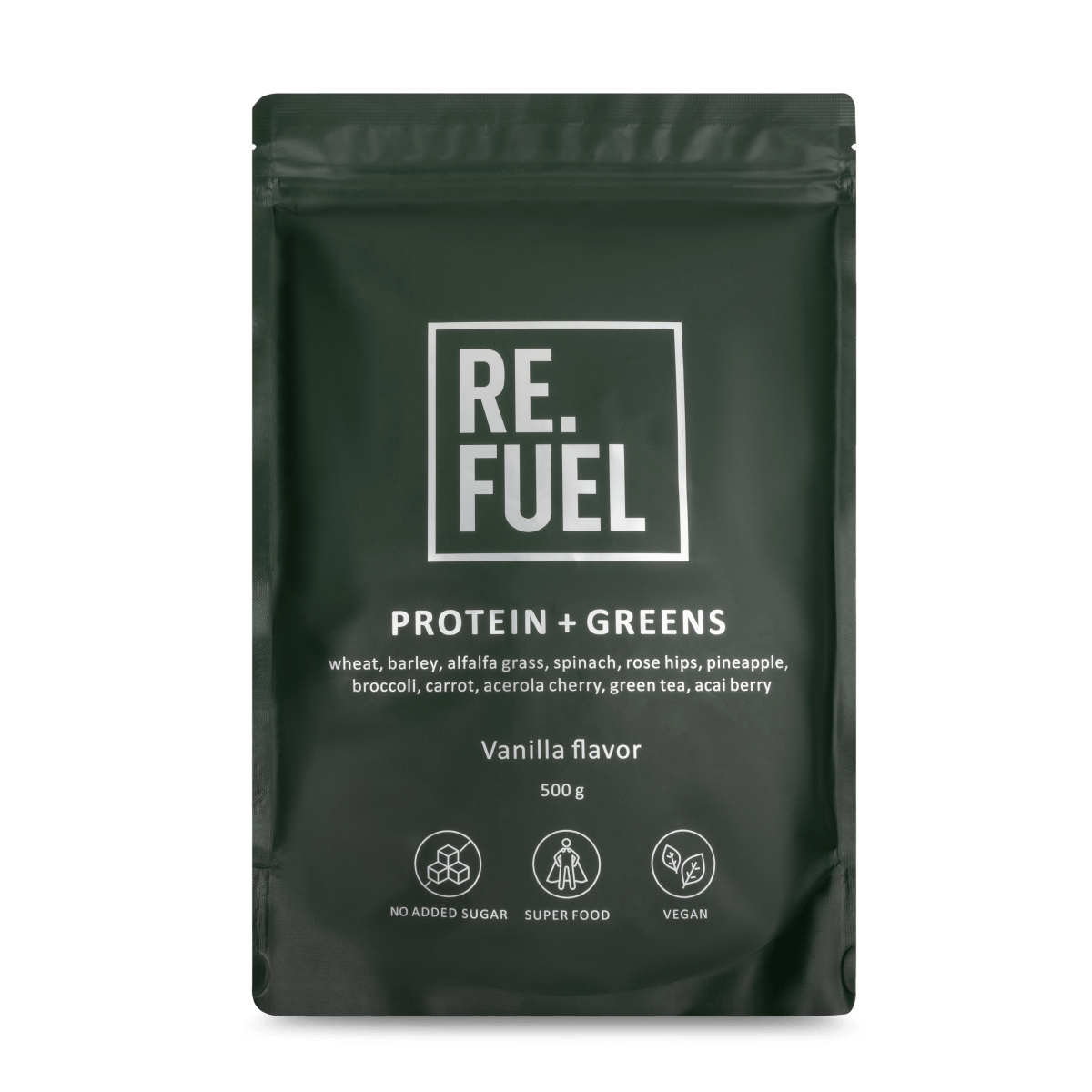 Protein + Greens Vezels vitamine superfoods eiwit vegan poeder voorkant zak